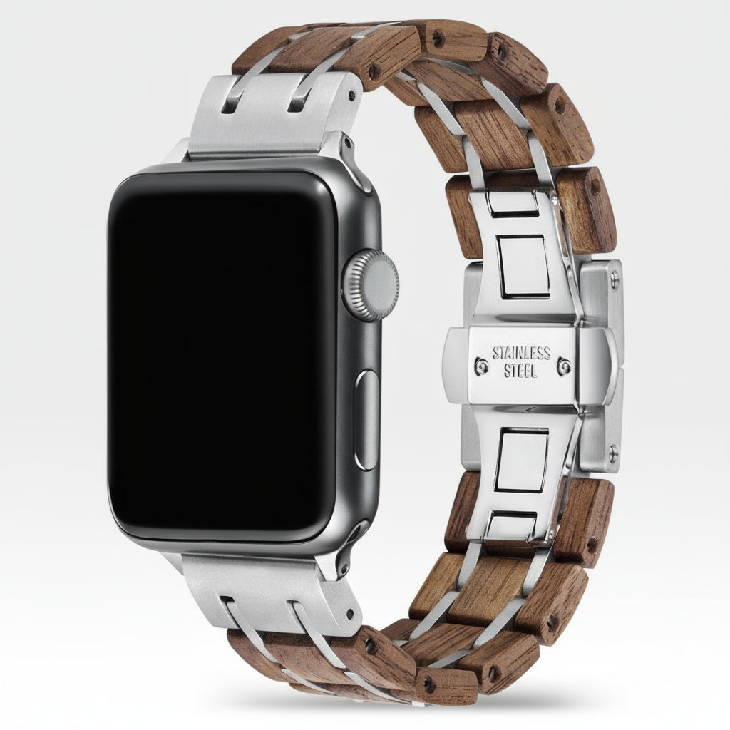 Walnut Wood Silver Apple Watch Band iWatch Strap