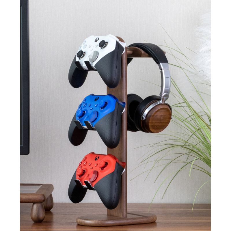 3 Tier Controller Stand wooden controller stand holder for gamers 3 in 1 xbox ps5 ps4 ps3 brown walnut wood