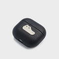 Cool Handmade Leather AirPods Pro 3 Case iWoodStor Black textured case with a white logo on a light gray background