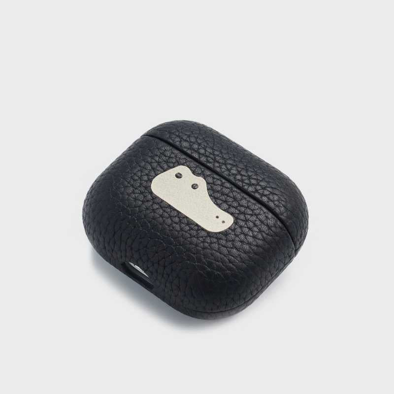 Cool Handmade Leather AirPods Pro 3 Case iWoodStor Black textured case with a white logo on a light gray background