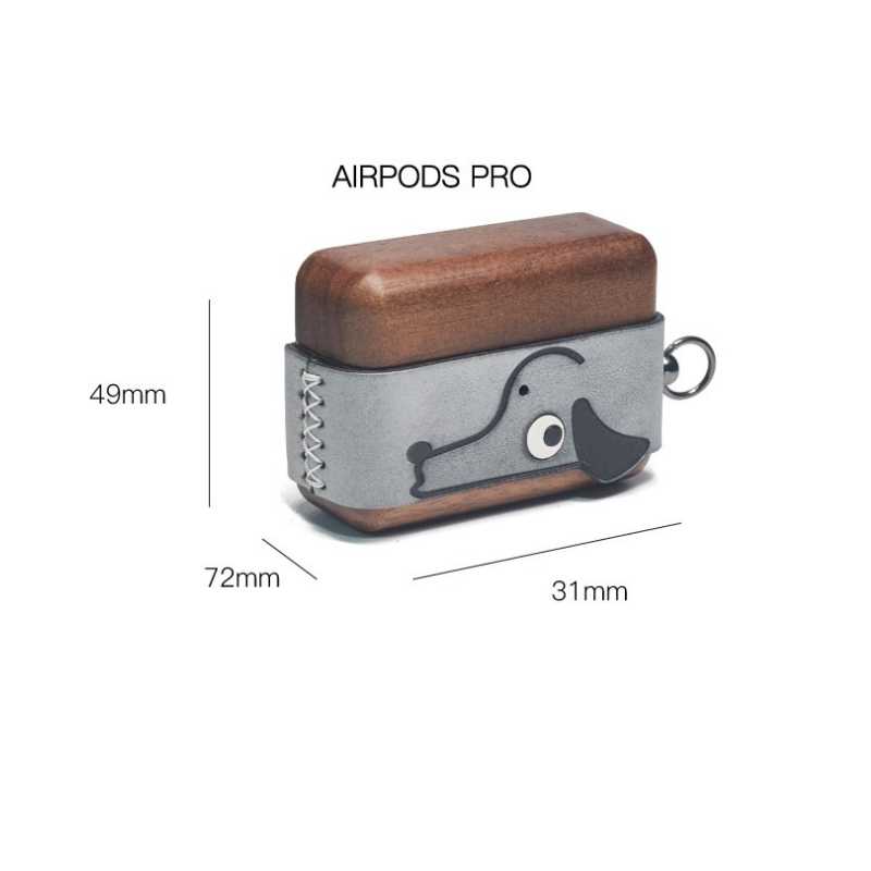 Cute Doggy AirPods Pro Case Wood Walnut Leather iwoodstore AirPods Pro case with wooden top and gray body, showing dimensions on a white background