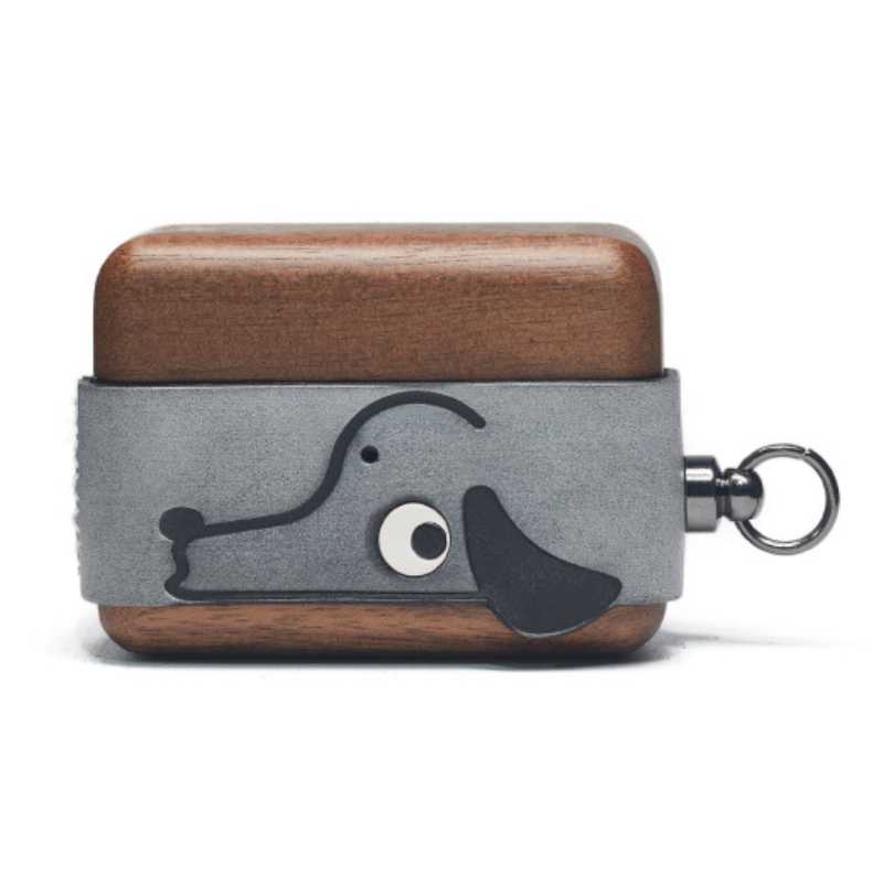 Cute Doggy AirPods Pro Case Wood Walnut Leather iwoodstore Wooden and gray case with dog illustration on a white background