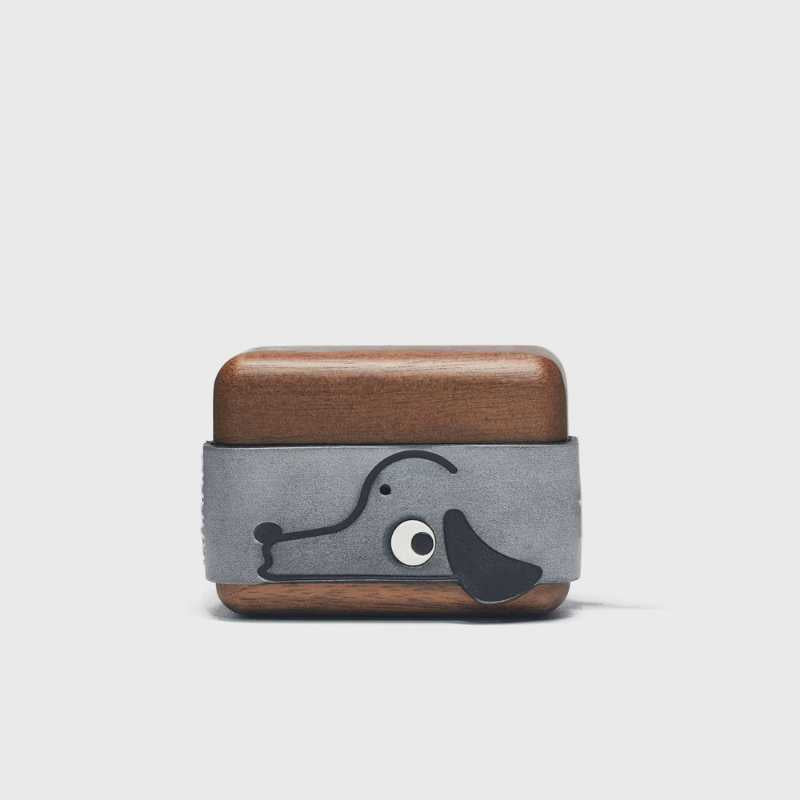 Cute Doggy AirPods Pro Case Wood Walnut Leather iwoodstore Wooden case with gray fabric patch featuring a dog design on a white background