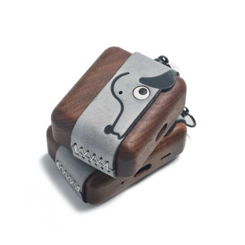 Cute Doggy AirPods Pro Case Wood Walnut Leather iwoodstore Wooden product with gray band featuring a dog illustration on a white background