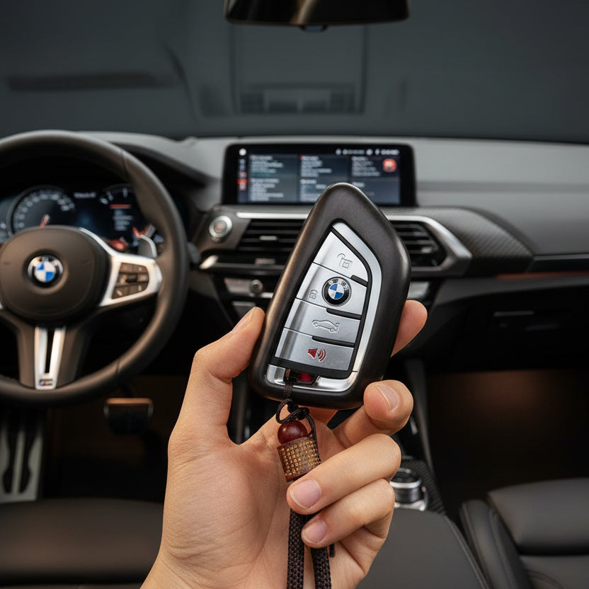 Handmade ebony wood key case protecting BMW keyless entry fob in X3 interior