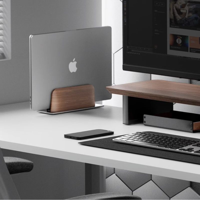 Dark Walnut Wood Adjustable Vertical MacBook Stand with Metal Base