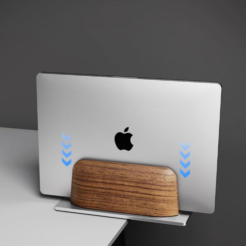 Dark Walnut Wood Adjustable Vertical MacBook Stand with Metal Base