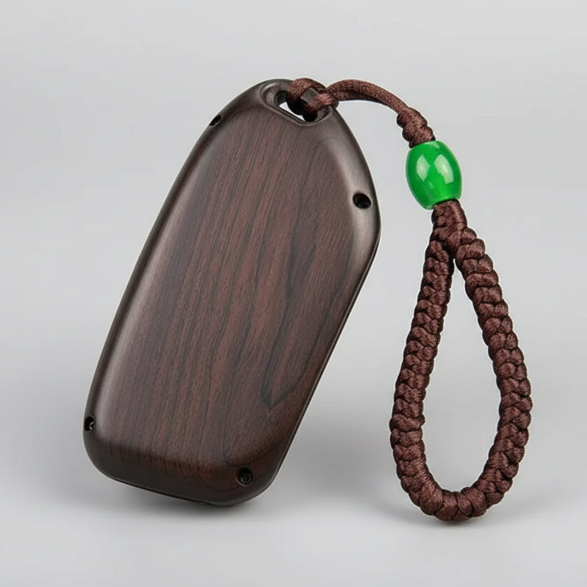 BMW ebony wood key case on luxury car interior dashboard