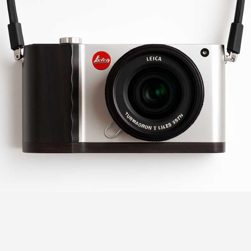 Silver Leica TL2 camera with attached dark ebony ergonomic handgrip, front view.