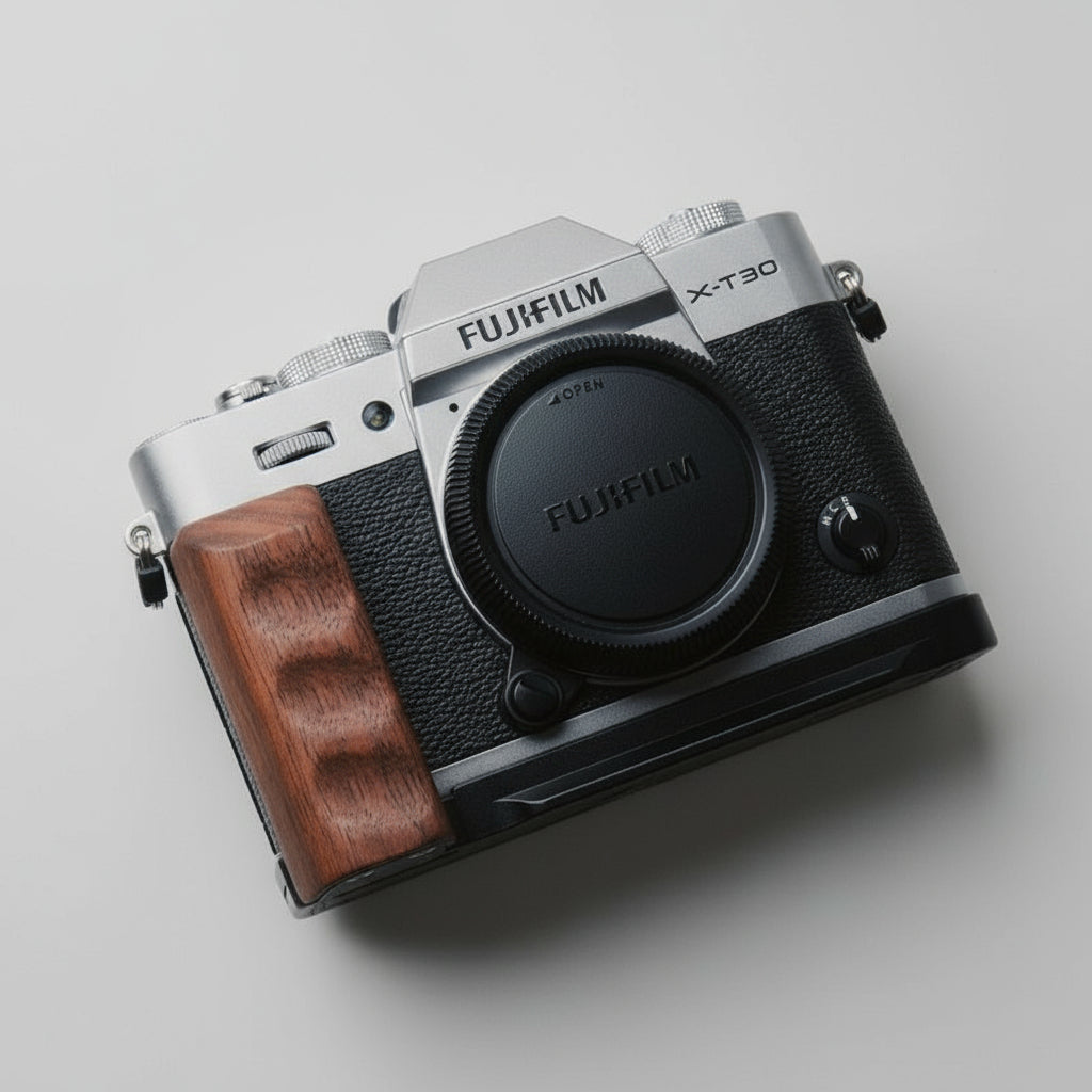 Fujifilm X-T30 camera with wooden grip on a light gray background