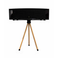 JBL L75MS Stand Holder Wood Tripod - iWoodStore Black rectangular object on a wooden tripod stand against a white background