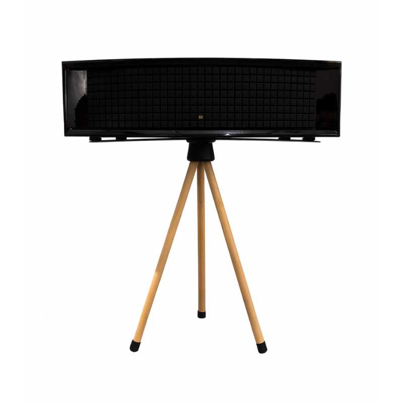 JBL L75MS Stand Holder Wood Tripod - iWoodStore Black rectangular object on a wooden tripod stand against a white background