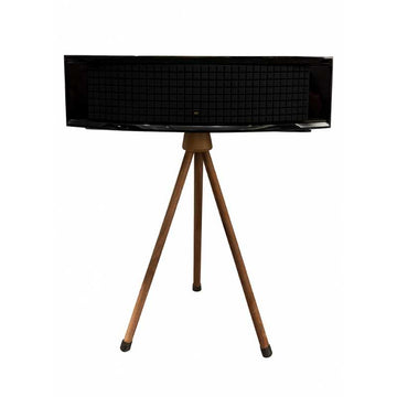 JBL L75MS Stand Holder Wood Tripod - iWoodStore Black speaker on a wooden tripod stand against a white background