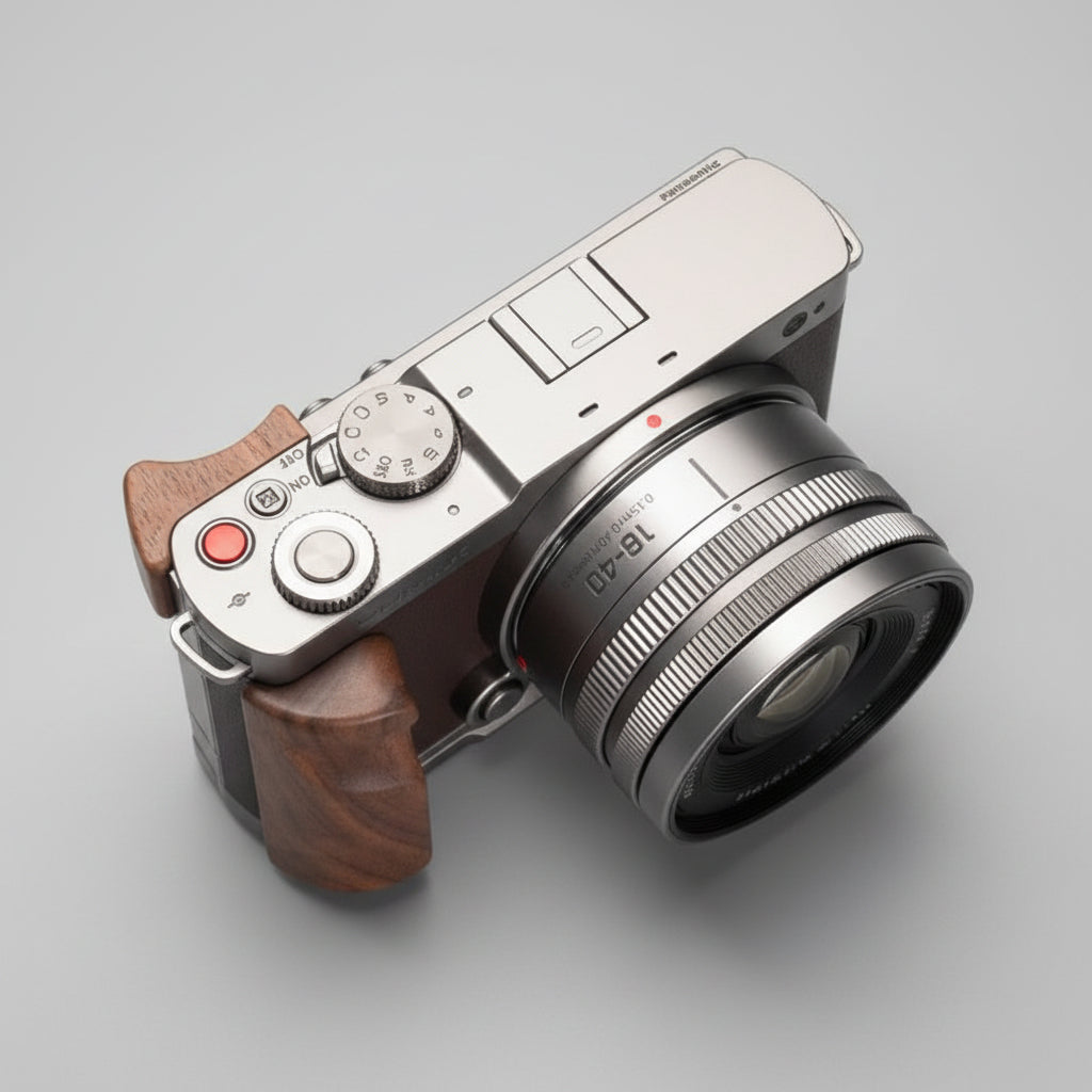 Camera with wooden grip on a dark textured surface