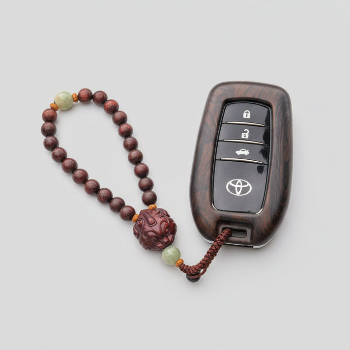 Wooden beaded keychain with a car key fob on a light gray background