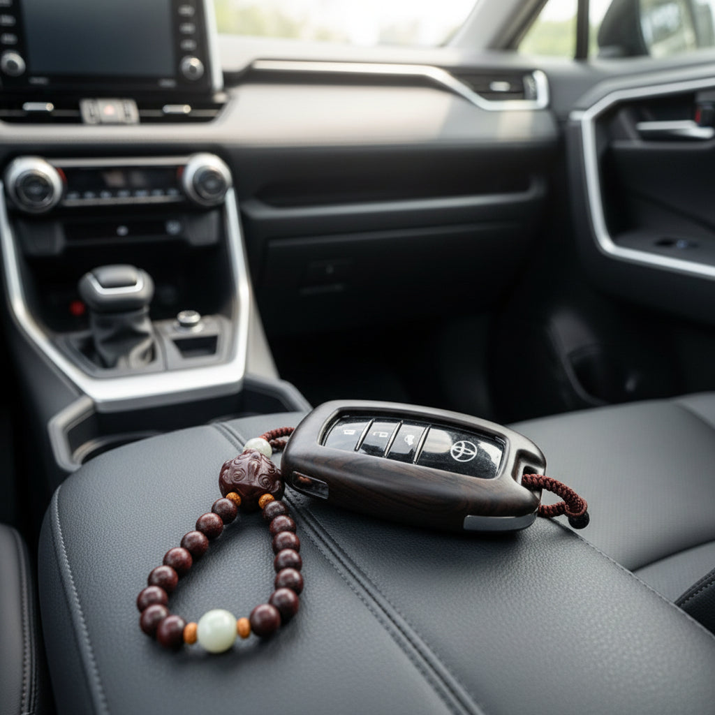 Toyota Car key with remote control and keychain on Toyota Rav4 seat interior