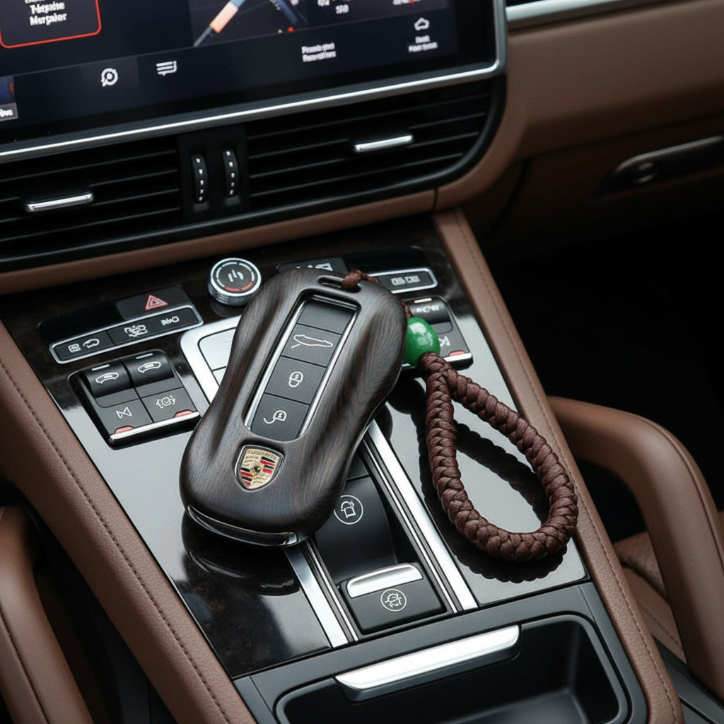 Premium Dark Ebony Sandalwood Key Fob Case for Porsche Macan Panamera Cayenne iWoodStore