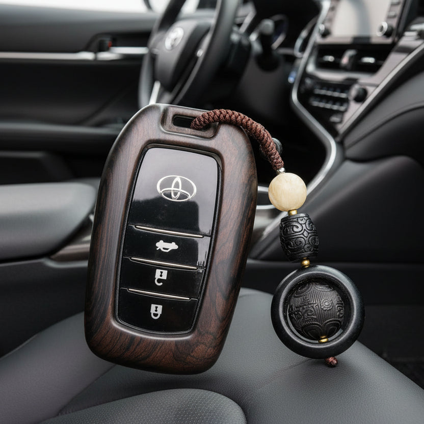 Toyota key fob with wooden casing on a Toyota Camry car dashboard
