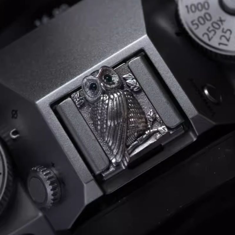 S925 Sterling Silver "Owl" Shutter Button & Hot Shoe Cover Set – Handmade for Fujifilm, Leica, & More