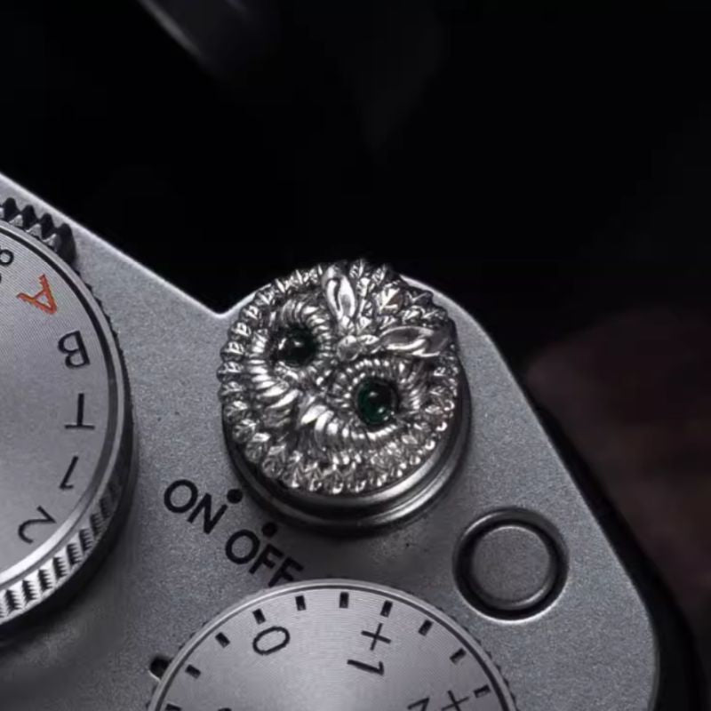 S925 Sterling Silver "Owl" Shutter Button & Hot Shoe Cover Set – Handmade for Fujifilm, Leica, & More
