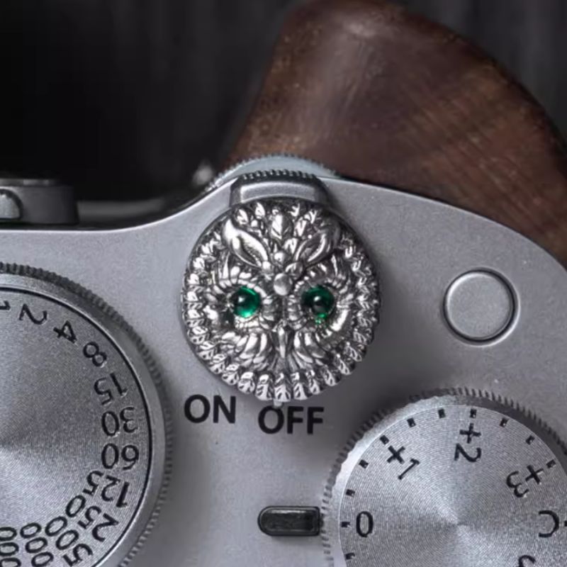S925 Sterling Silver "Owl" Shutter Button & Hot Shoe Cover Set – Handmade for Fujifilm, Leica, & More