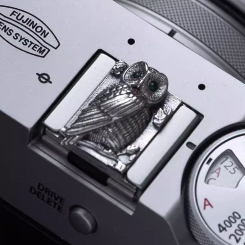 S925 Sterling Silver "Owl" Shutter Button & Hot Shoe Cover Set – Handmade for Fujifilm, Leica, & More