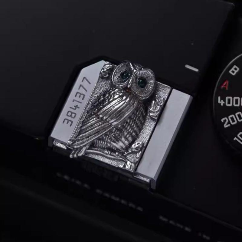 S925 Sterling Silver "Owl" Shutter Button & Hot Shoe Cover Set – Handmade for Fujifilm, Leica, & More