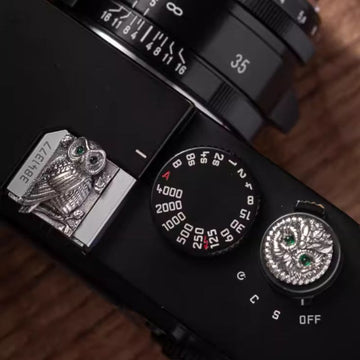 S925 Sterling Silver "Owl" Shutter Button & Hot Shoe Cover Set – Handmade for Fujifilm, Leica, & More
