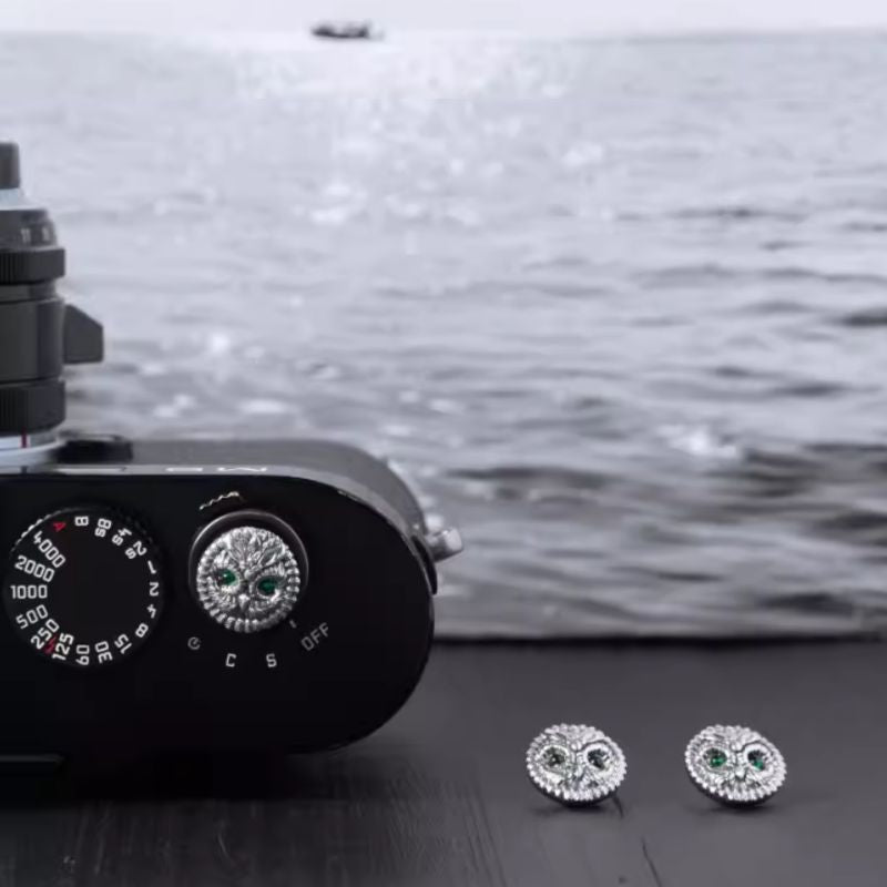 S925 Sterling Silver "Owl" Shutter Button & Hot Shoe Cover Set – Handmade for Fujifilm, Leica, & More