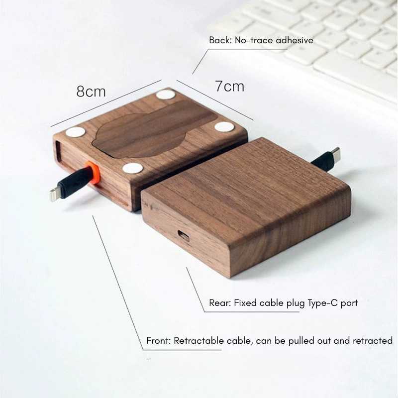 Wooden USB device with measurements and features labeled on a white background Wood Telescopic Retractable Data Cable Charging Cable For Desk iWoodStore