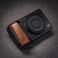 Brown Walnut Wood Ricoh GR4 Handgrip WG Design iWoodStore Camera with wooden grip on a dark gray background