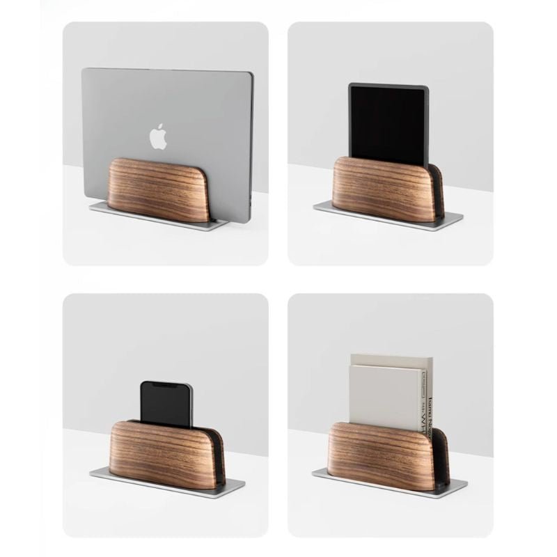 Dark Walnut Adjustable Vertical MacBook Stand with Metal Base