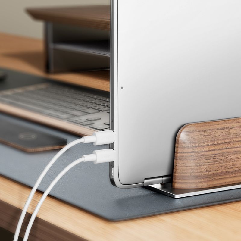 Dark Walnut Adjustable Vertical MacBook Stand with Metal Base