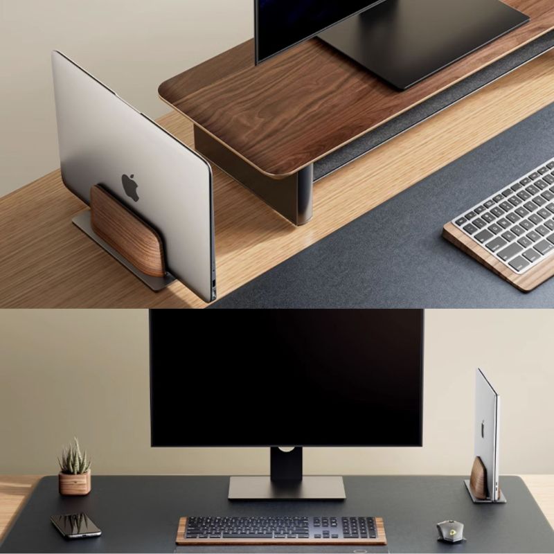 Dark Walnut Adjustable Vertical MacBook Stand with Metal Base
