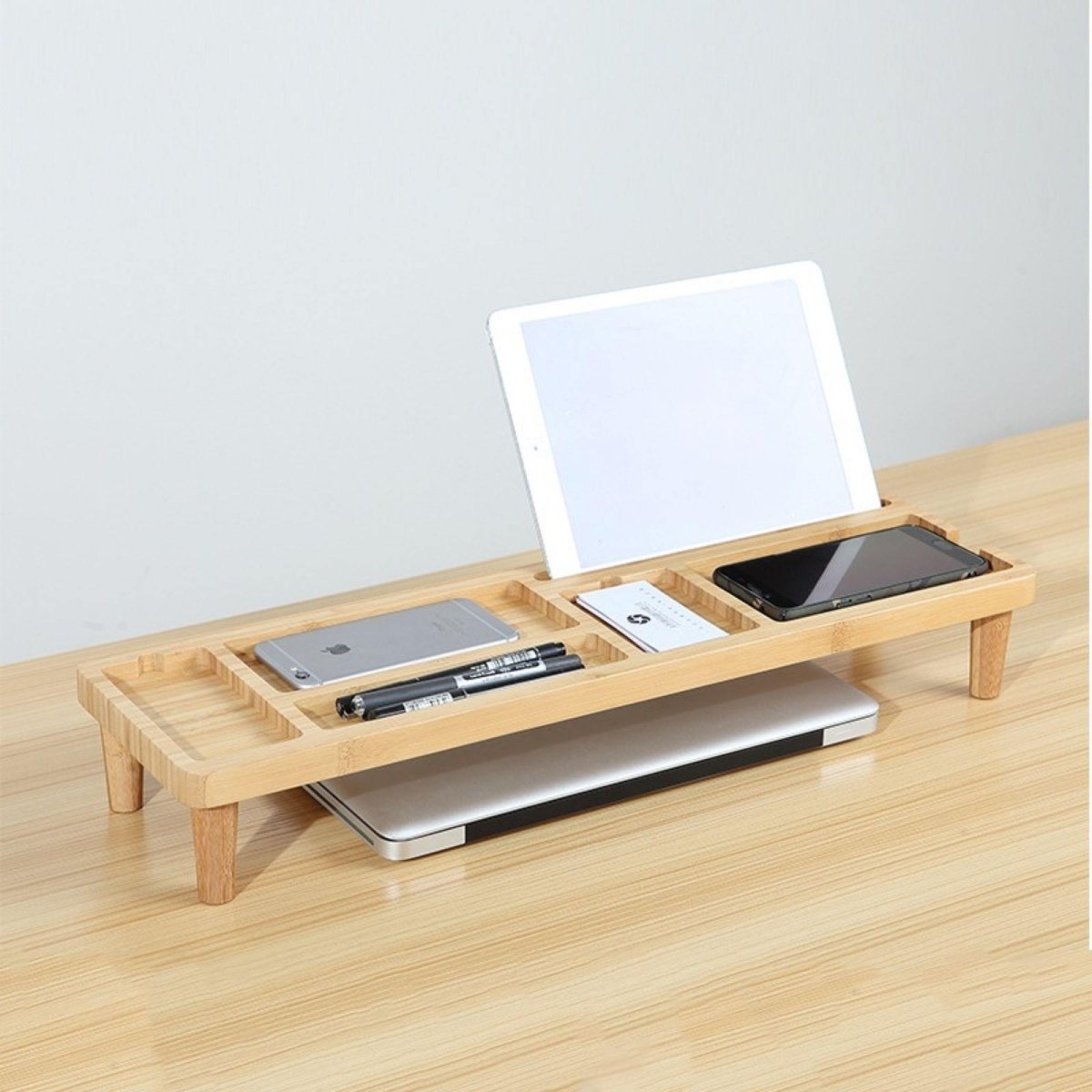 Organizing Stand Bamboo Computer Monitor Stand Organizer for Desk