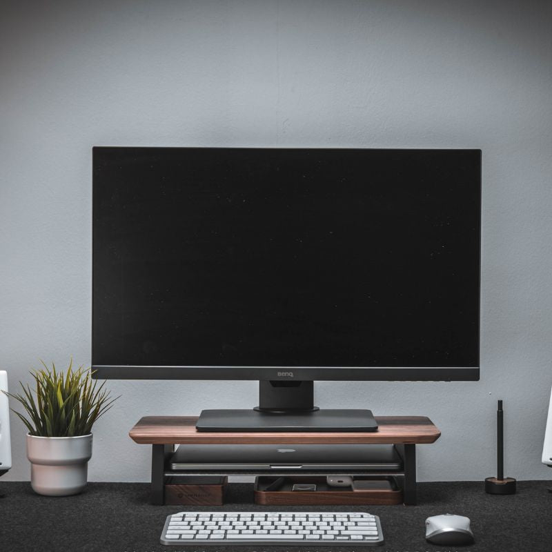 Wooden Monitor Stand with Shelf for Workspace Organization.
