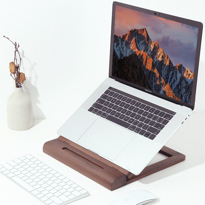 Dark Walnut Light Pine Wood Adjustable Laptop Tablet Stand with Wrist Rest