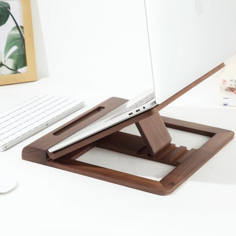 Dark Walnut Light Pine Wood Adjustable Laptop Tablet Stand with Wrist Rest