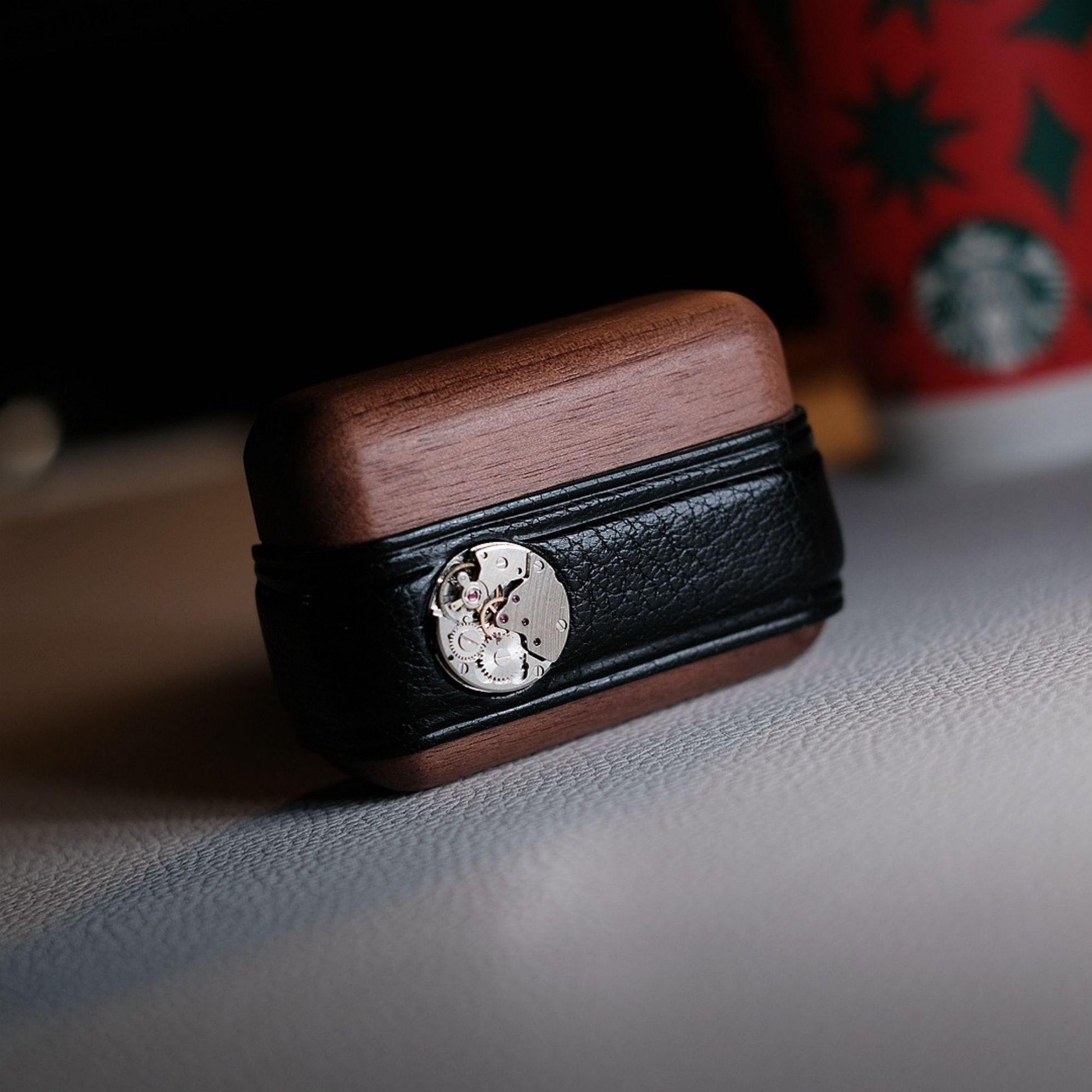 Steampunk AirPods Pro Case Walnut Wood With Black Leather