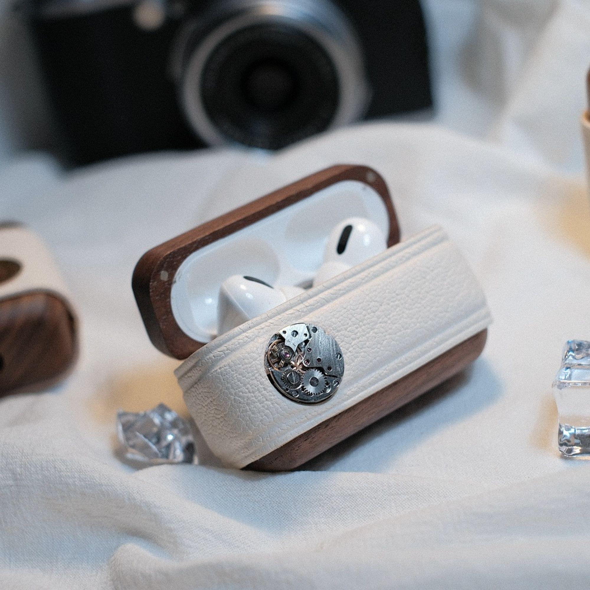 Steampunk AirPods Pro Case Walnut Wood With White Leather
