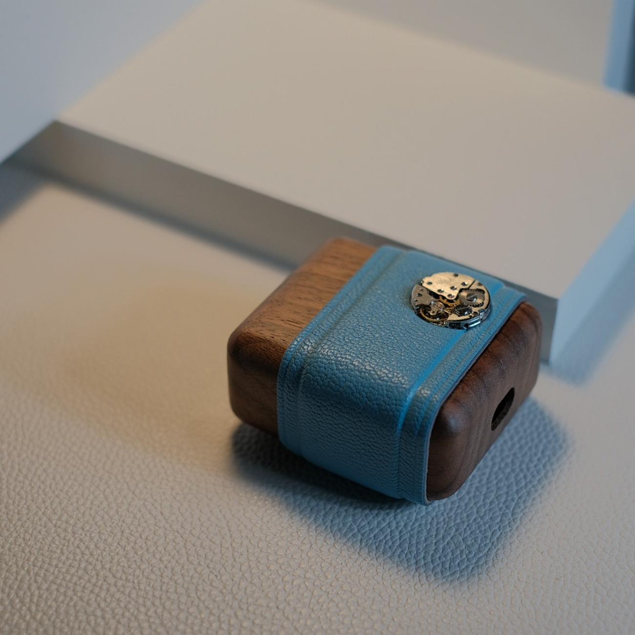 Steampunk AirPod 1 and 2 Case Walnut Wood Blue Leather