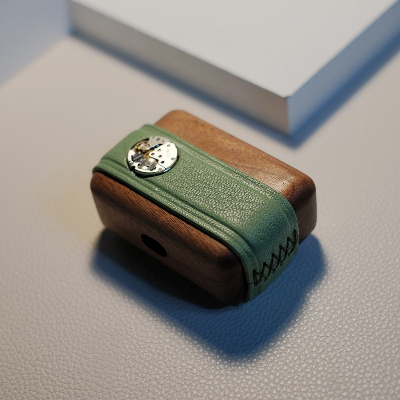 Steampunk AirPod Pro Case Walnut Wood Green Leather