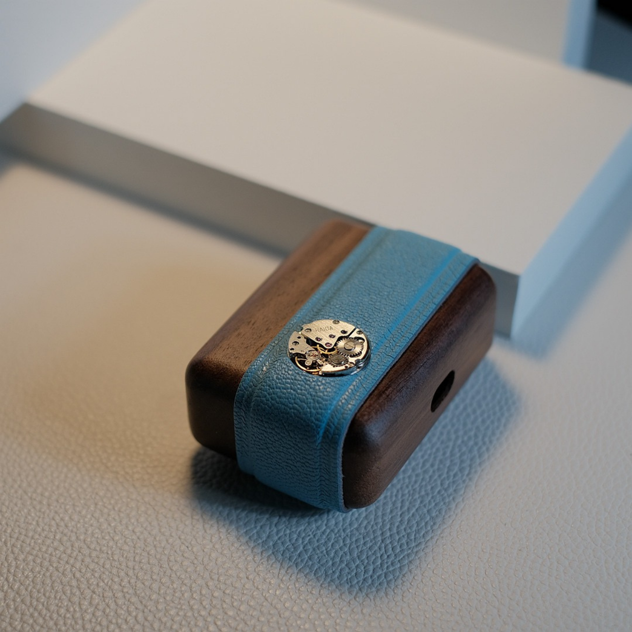 Steampunk AirPod Pro Case Walnut Wood Blue Leather
