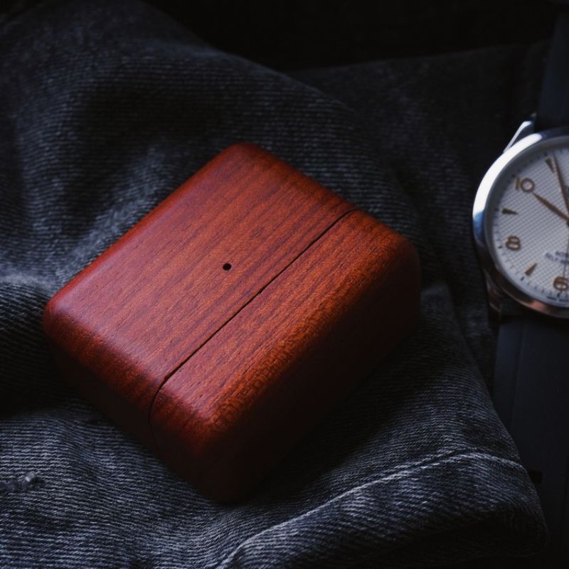 Stylish handmade wooden AirPods 3 Case made of brown walnut yellow cherry and rosewood