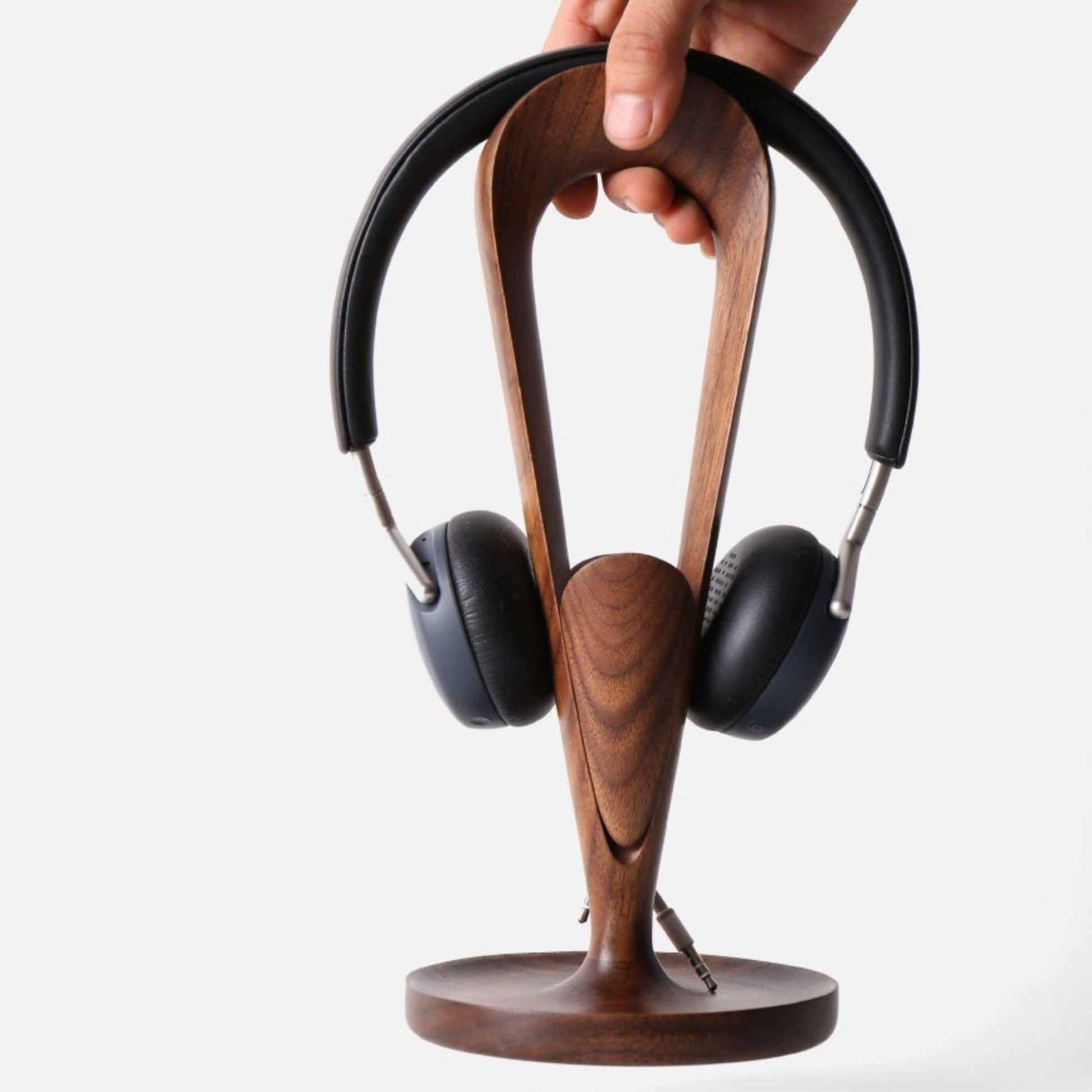 Dark walnut headphone stand for desksetup