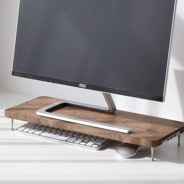 Universal monitor stand for iMac, wooden laptop stand with USB ports, elevated computer display stand, solid walnut wood desk shelf support